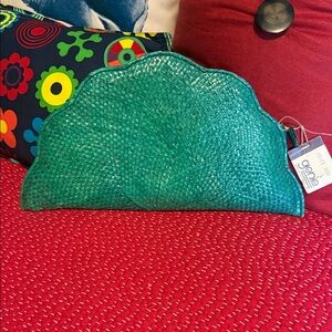 Vintage teal Green Woven Shell Clutch - Teal